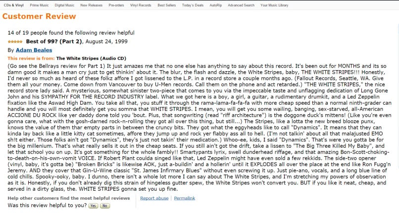 Screenshot of Adam Beales' Amazon review of The White Stripes
