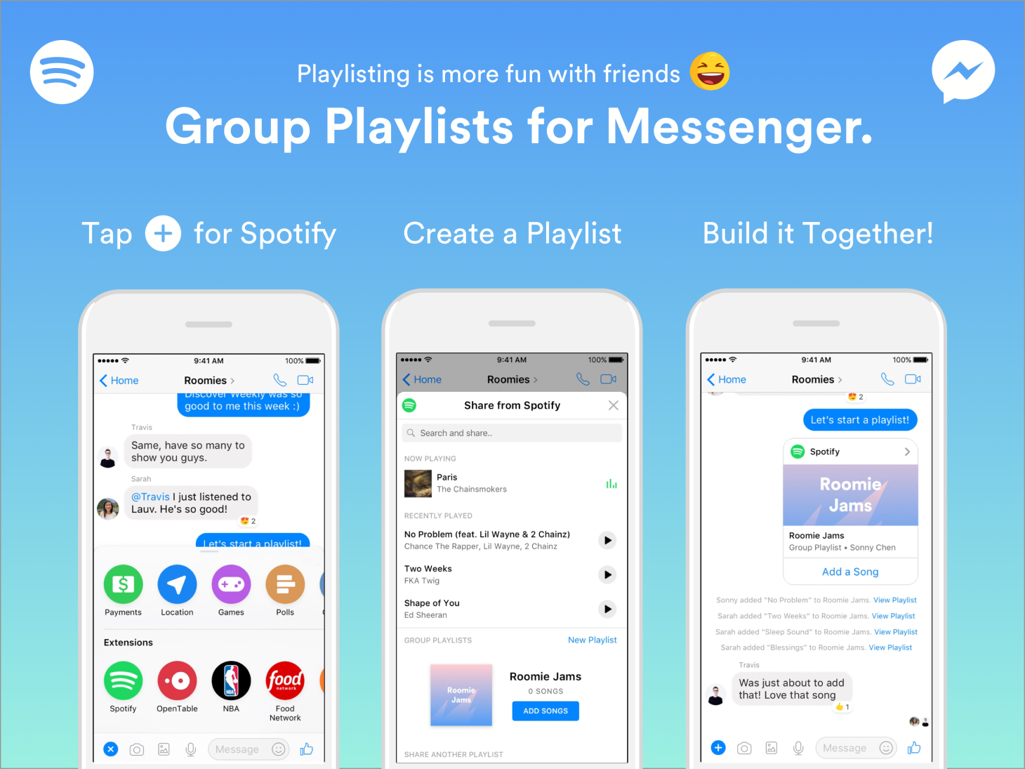 A graphic created by Spotify illustrating how to use Spotify's integration with Facebook Messenger