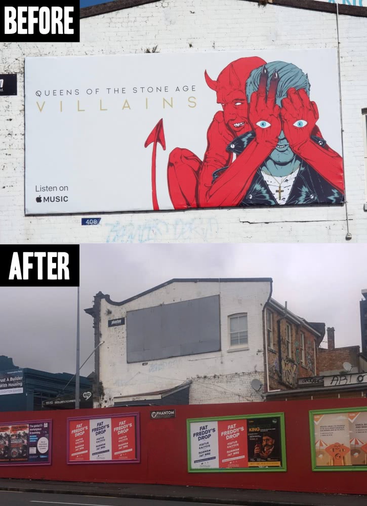 2 panel image of a Queens Of The Stone age poster in New Zealand, and the building it was removed from