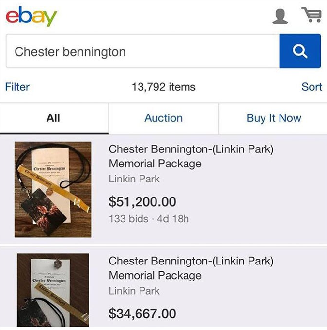 An eBay listing with items from Chester Bennington's funeral