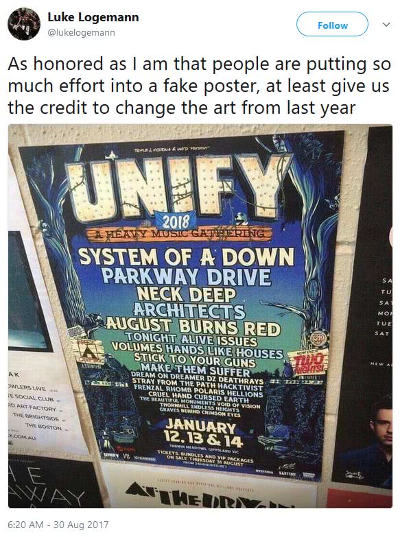 A fake poster revealing the supposed lineup for UNIFY 2018