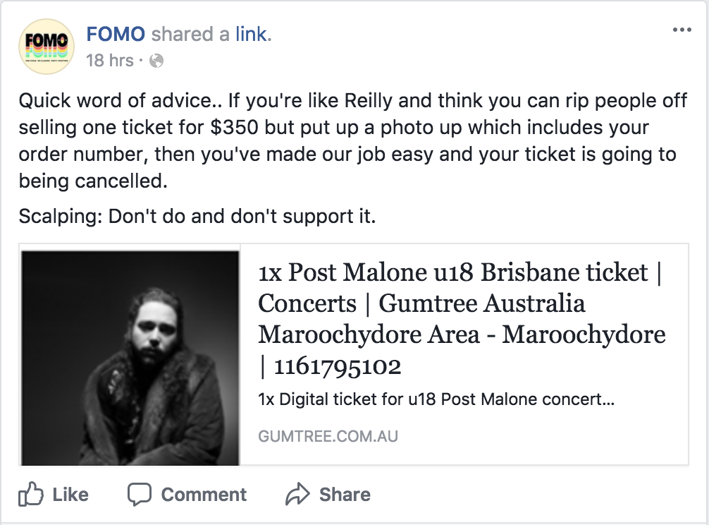 Screenshot of FOMO Festival's Facebook post