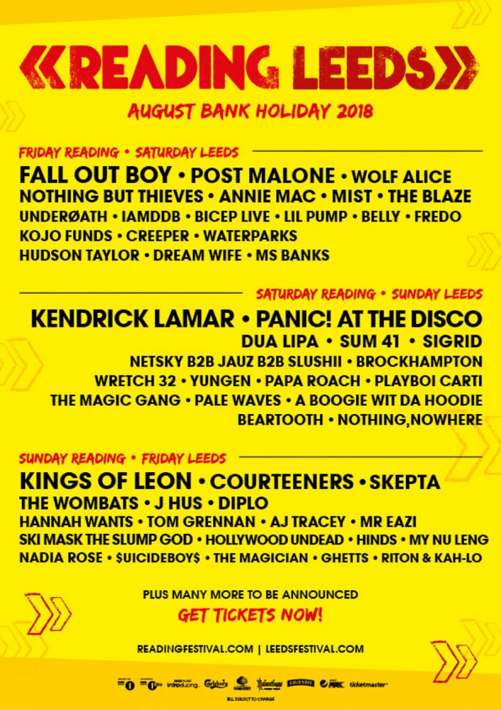 The lineup for the 2018 Reading & Leeds Festivals