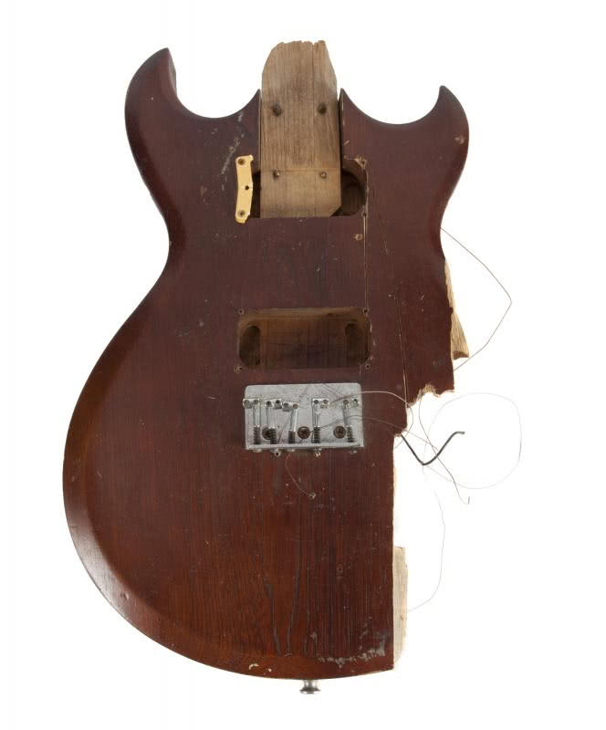 Image of a smashed guitar, previously owned by Kurt Cobain.