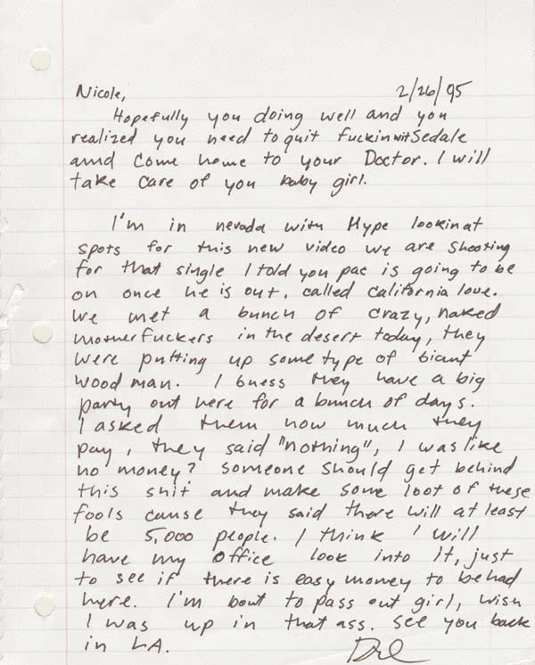 The letter ostensibly written from Dr. Dre to his future wife.