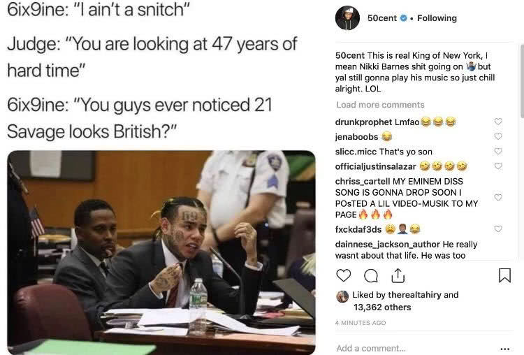 An Instagram post from 50 Cent making light of legal troubles faced by Tekashi 6ix9ine and 21 Savage