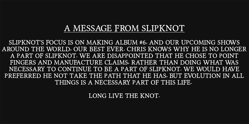 Image of the recent statement made by Slipknot
