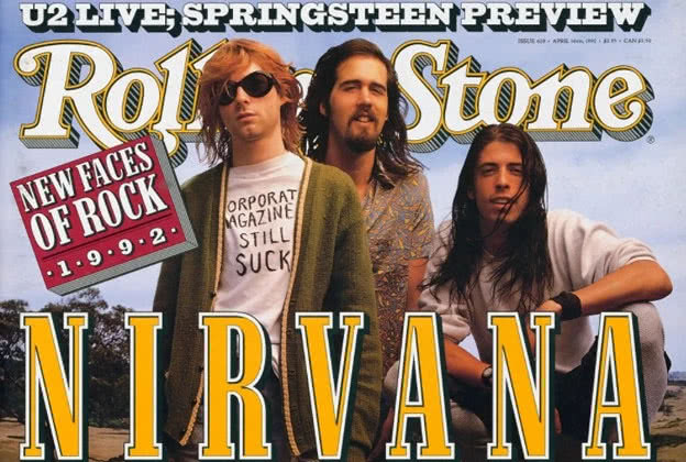 Image of Nirvana on the cover of Rolling Stone, featuring the famous shirt worn by Kurt Cobain