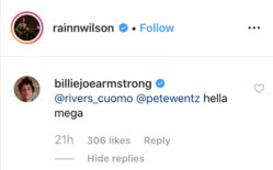 Billie Joe Armstrong of Green Day comments on Rainn Wilson's Instagram post, tagging Rivers Cuomo and Pete Wentz