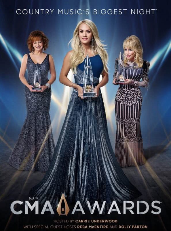 Carrie Underwood, Dolly Parton and Reba McEntrie will host the 2019 CMA Awards