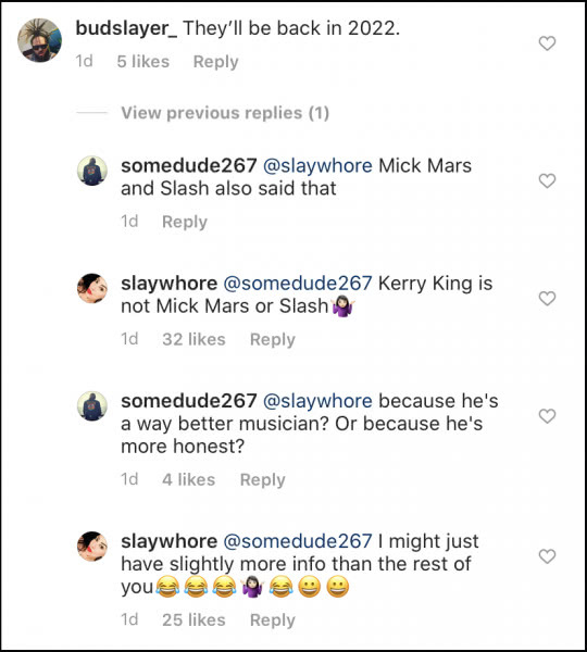 Screenshots of Ayesha King's claims that Slayer are truly done for good