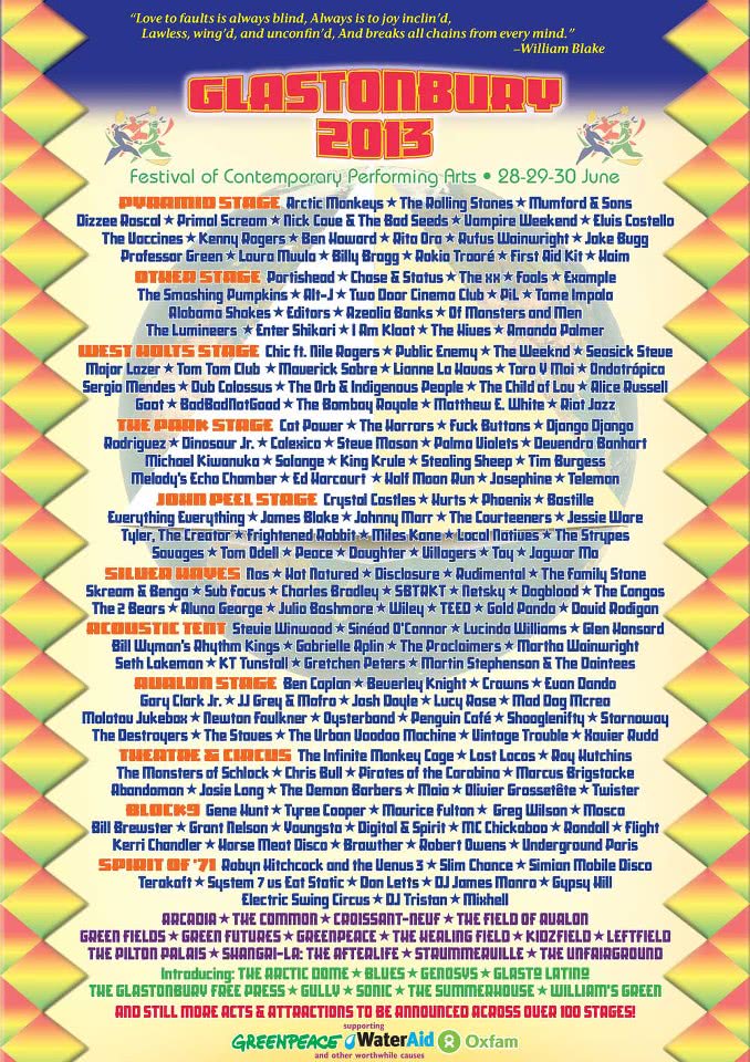 Glastonbury 2013 Lineup